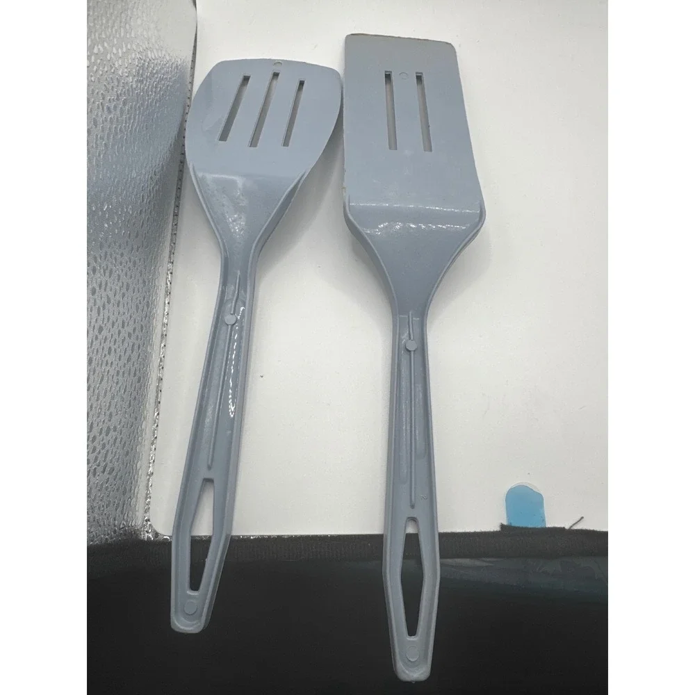 Vintage Style Blue Gray Melamine Slotted Spatula Turner Utensil Set 2 Piece
